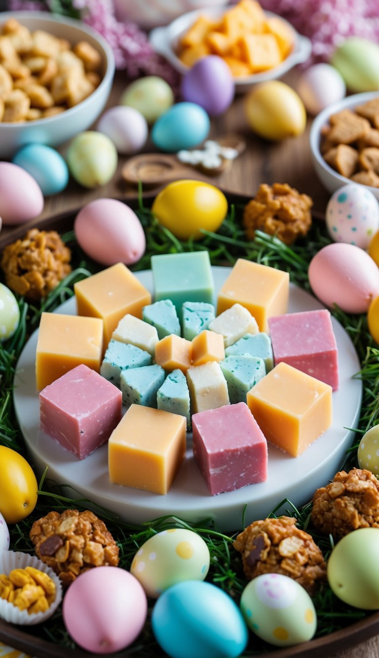 A festive charcuterie board with pastel-colored cheese cubes arranged in a decorative pattern, surrounded by various Easter-themed snacks and treats