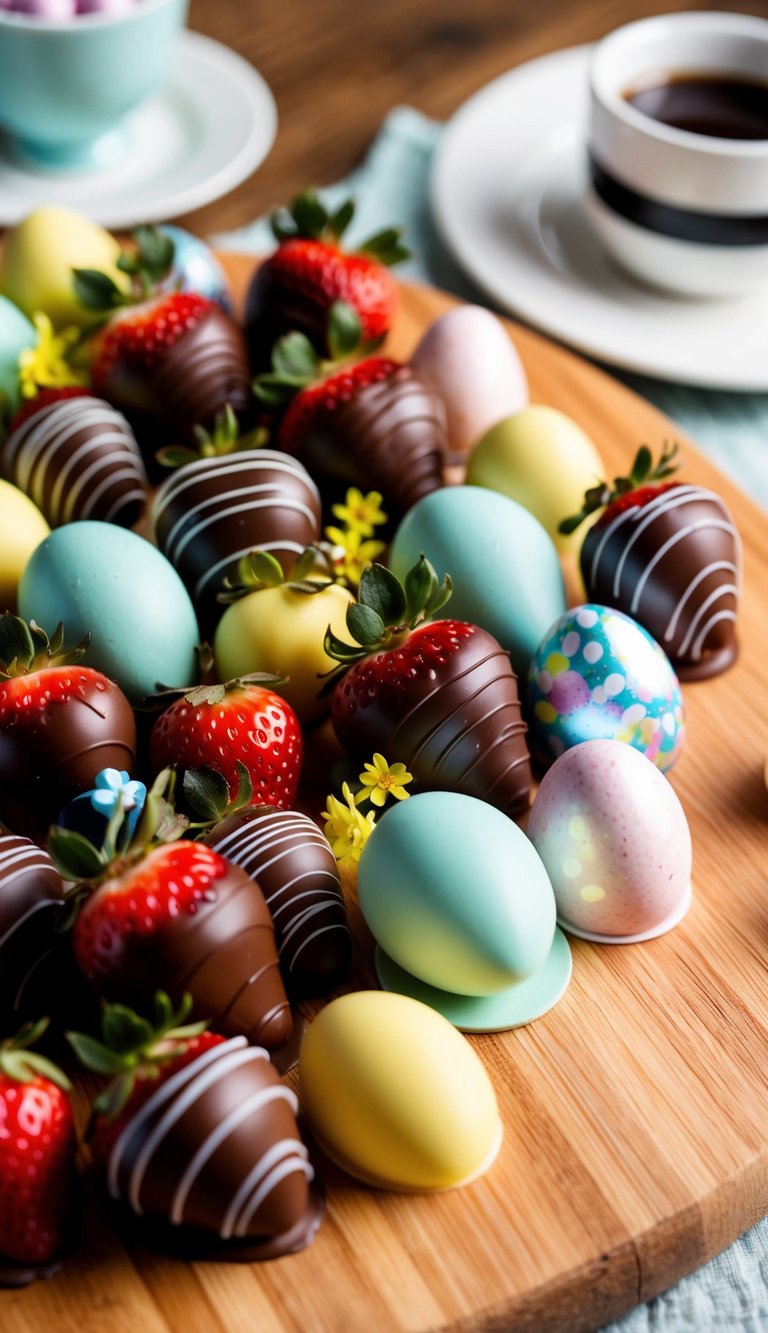 A wooden charcuterie board with an assortment of chocolate-covered strawberries and Easter-themed decorations