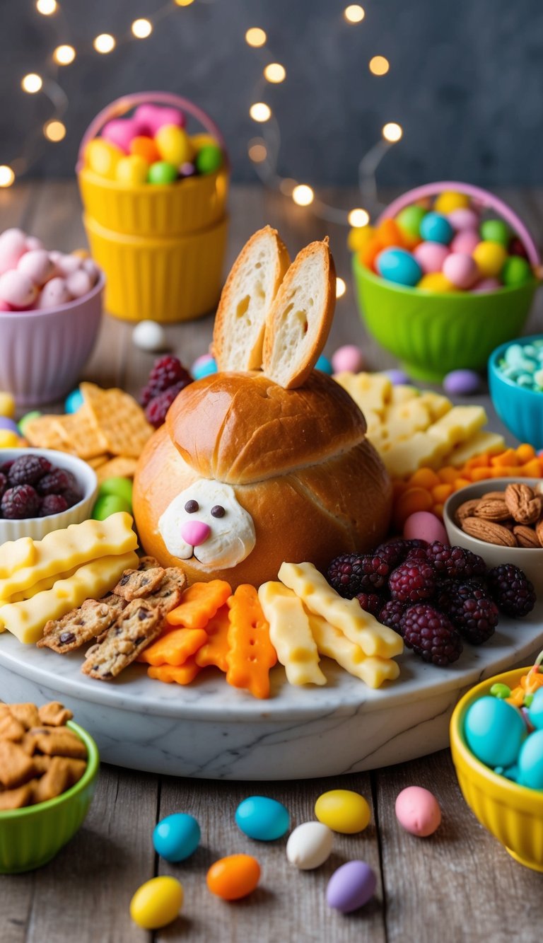 A festive Easter charcuterie board featuring a bunny-shaped bread centerpiece surrounded by an assortment of colorful snacks and treats