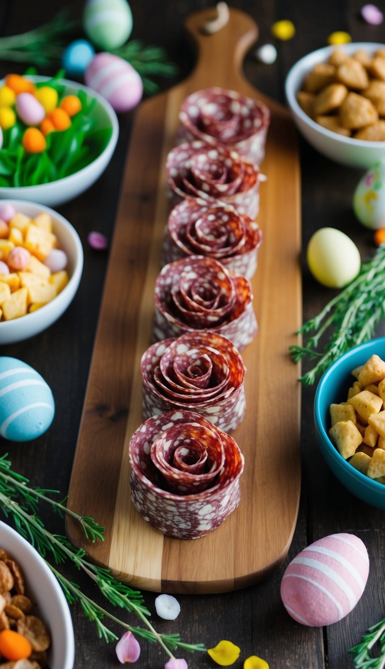 A wooden charcuterie board adorned with floral salami roses, surrounded by various Easter-themed snacks and decorations