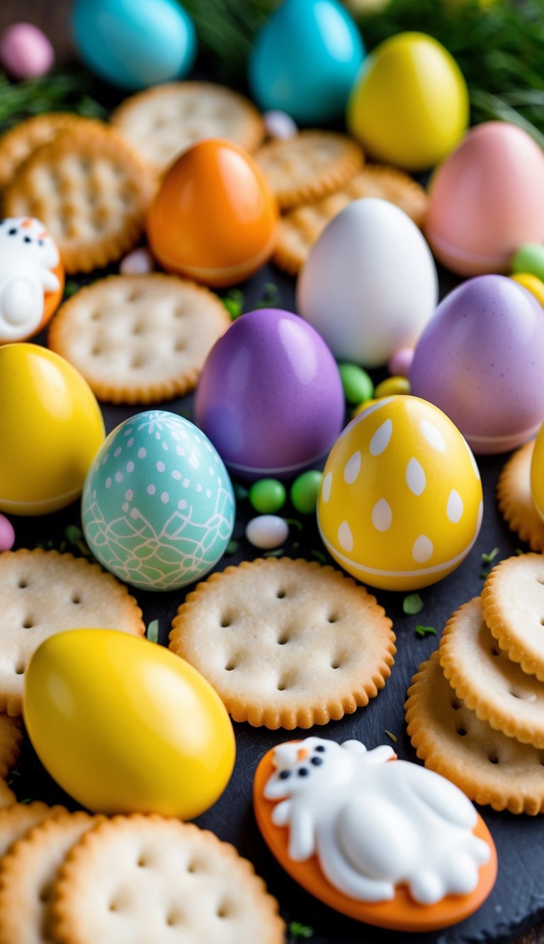 A colorful array of egg-shaped crackers, surrounded by an assortment of Easter-themed charcuterie board elements