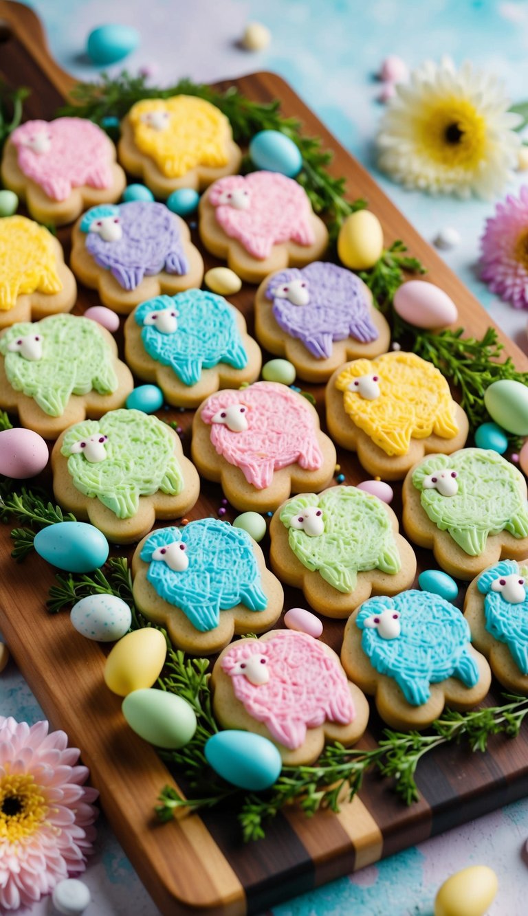 A colorful assortment of lamb-shaped cookies arranged on a wooden Easter-themed charcuterie board, surrounded by pastel-colored candies and fresh spring flowers