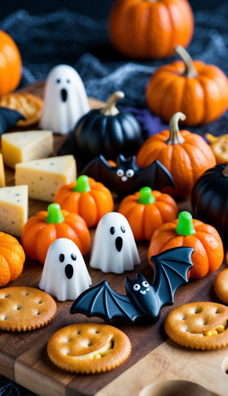 A spooky charcuterie board with an assortment of Halloween-themed snacks, including ghost-shaped cheese, bat-shaped crackers, and pumpkin-shaped fruit