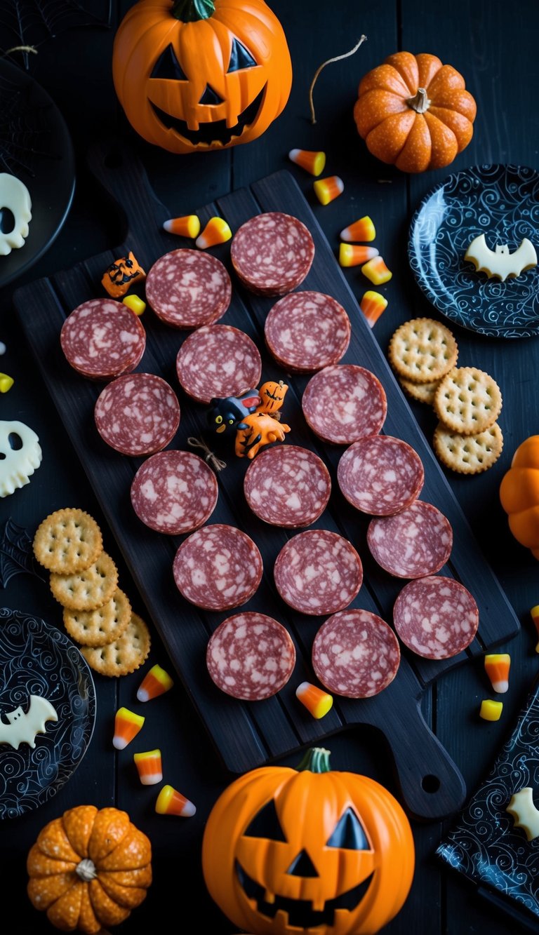 A dark wooden charcuterie board filled with eerie salami slices, surrounded by Halloween-themed snacks and decorations