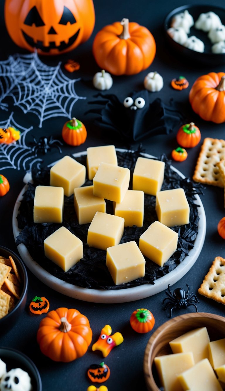 A spooky charcuterie board with ghoulish gouda cubes, surrounded by Halloween-themed snacks and decorations