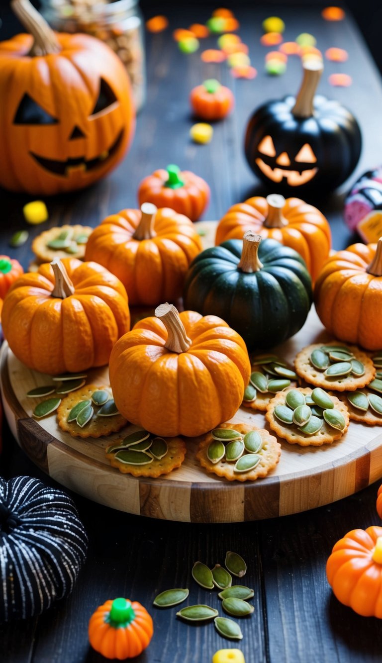 A wooden charcuterie board with pumpkin seed crackers, surrounded by Halloween-themed snacks and decorations