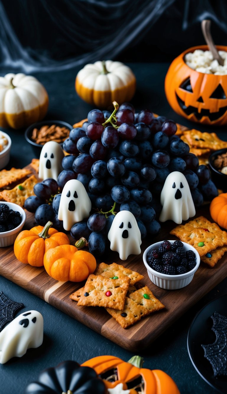 A dark, eerie charcuterie board adorned with ghostly-shaped grapes, surrounded by spooky Halloween-themed snacks and treats