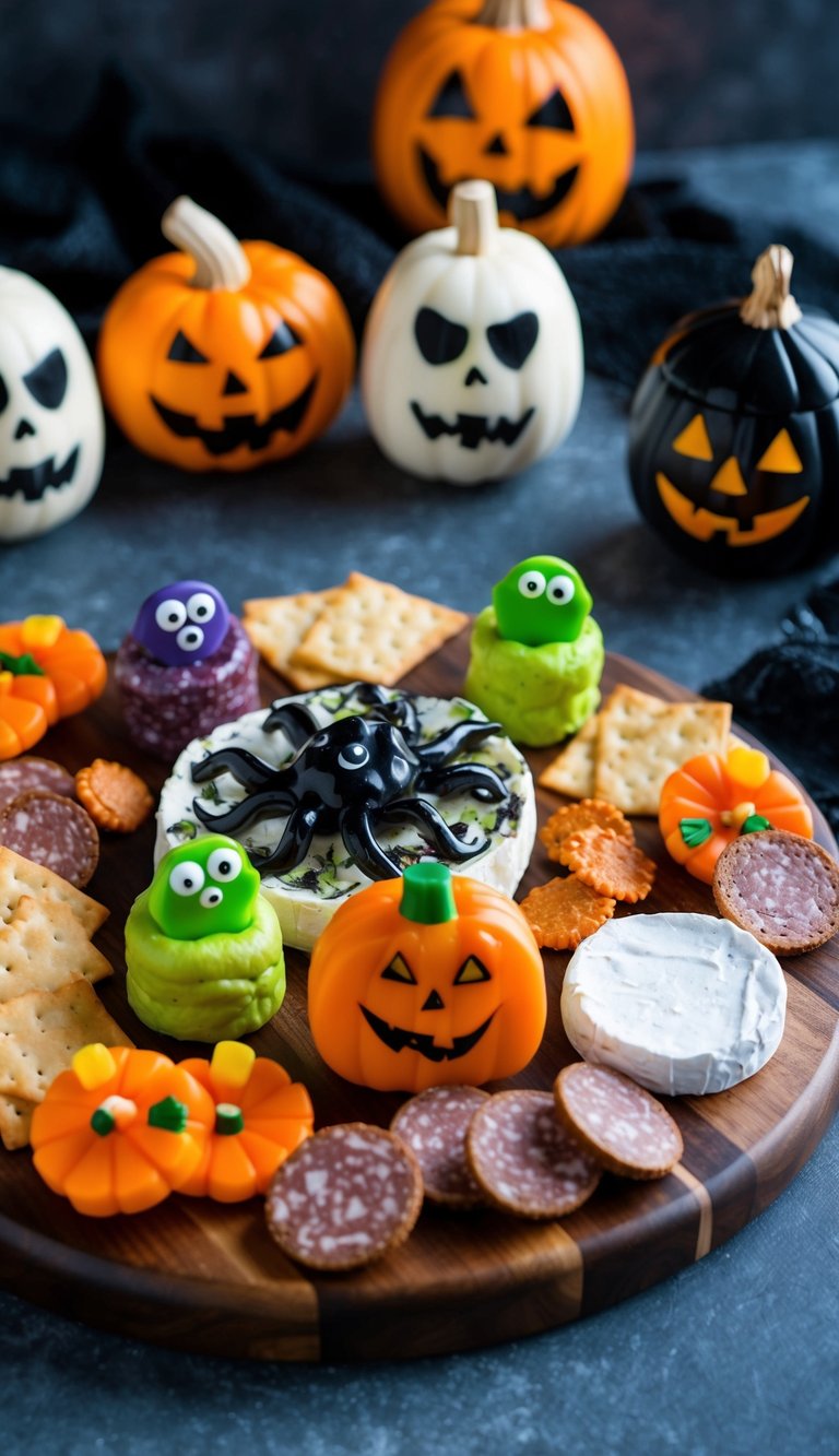 A spooky charcuterie board with monster-themed Brie wheels and Halloween decorations
