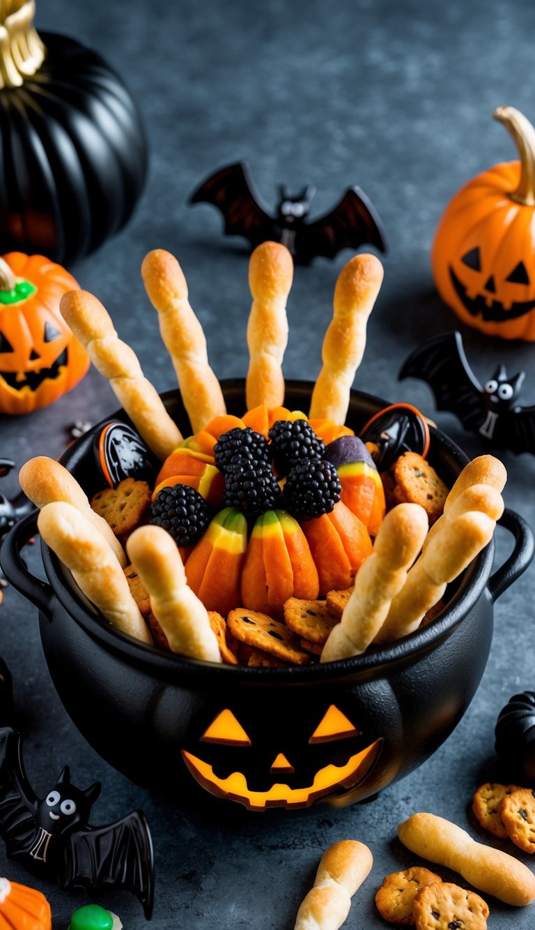 A cauldron-shaped charcuterie board filled with witch's finger breadsticks, surrounded by spooky Halloween-themed snacks and treats