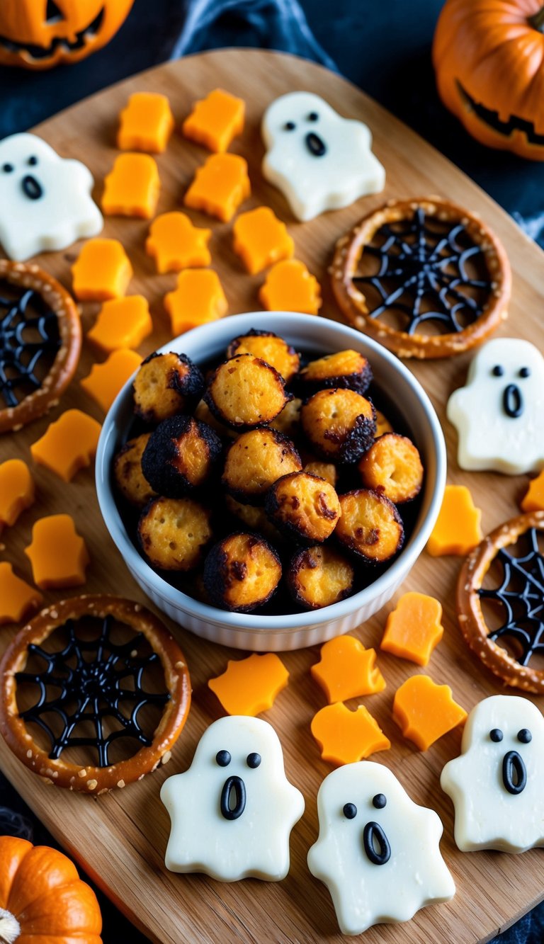 A spooky Halloween charcuterie board with charred cheddar bites, surrounded by ghost-shaped crackers, spiderweb-like pretzels, and pumpkin-shaped cheese slices