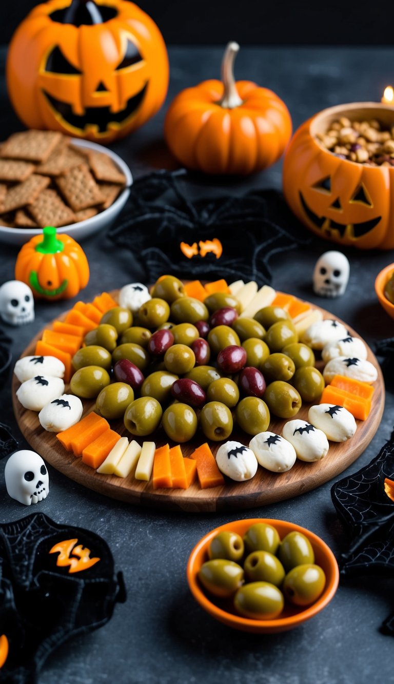 A spooky charcuterie board with zombie-themed olives, surrounded by Halloween-themed snacks and decorations