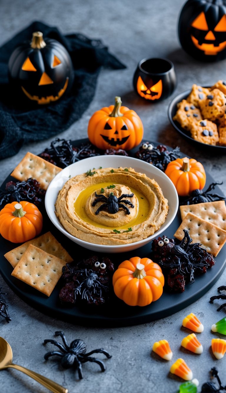 A spooky Halloween charcuterie board with haunting hummus dip, surrounded by creepy and creative themed snacks and treats
