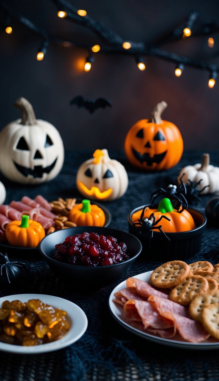 A dimly lit table with a variety of spooky-themed charcuterie items, including a bowl of creepy cranberry relish surrounded by Halloween decorations