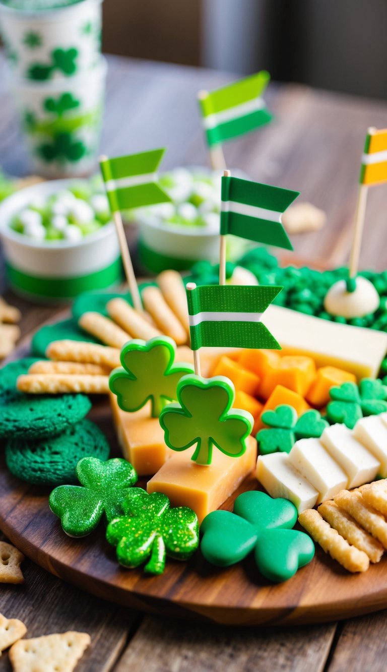 A festive charcuterie board with green-themed snacks, shamrock-shaped cheeses, and Irish flag toothpicks arranged on a wooden platter
