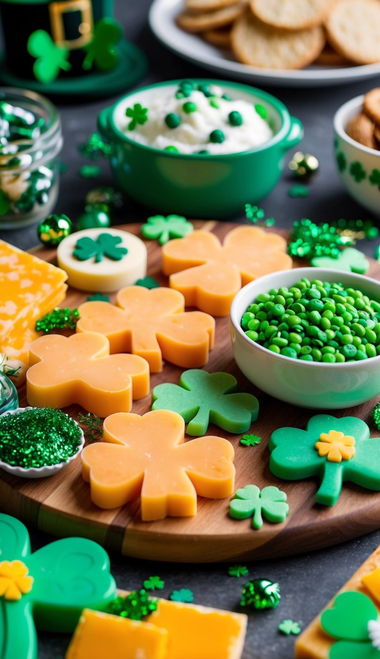 A festive charcuterie board with shamrock-shaped cheddar slices, surrounded by various St. Patrick's Day themed snacks and decorations