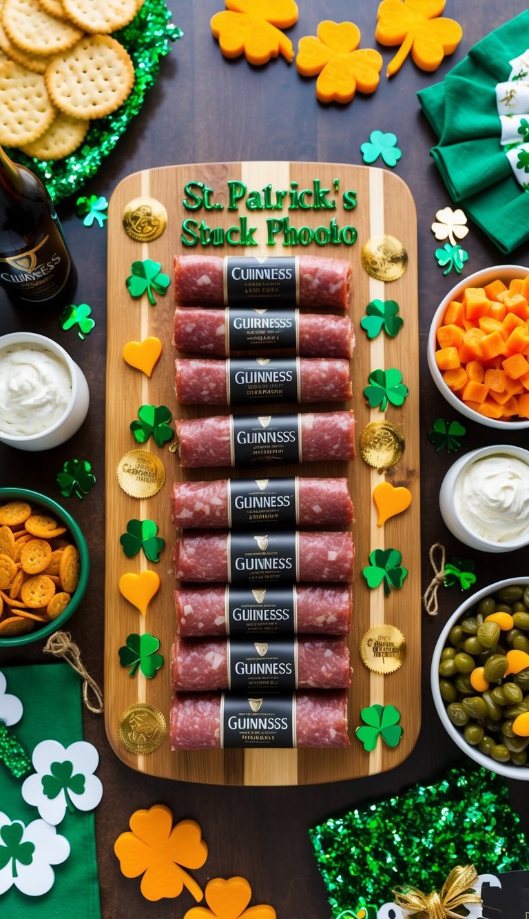 A wooden charcuterie board adorned with slices of Guinness-infused salami, surrounded by various St. Patrick's Day-themed snacks and decorations