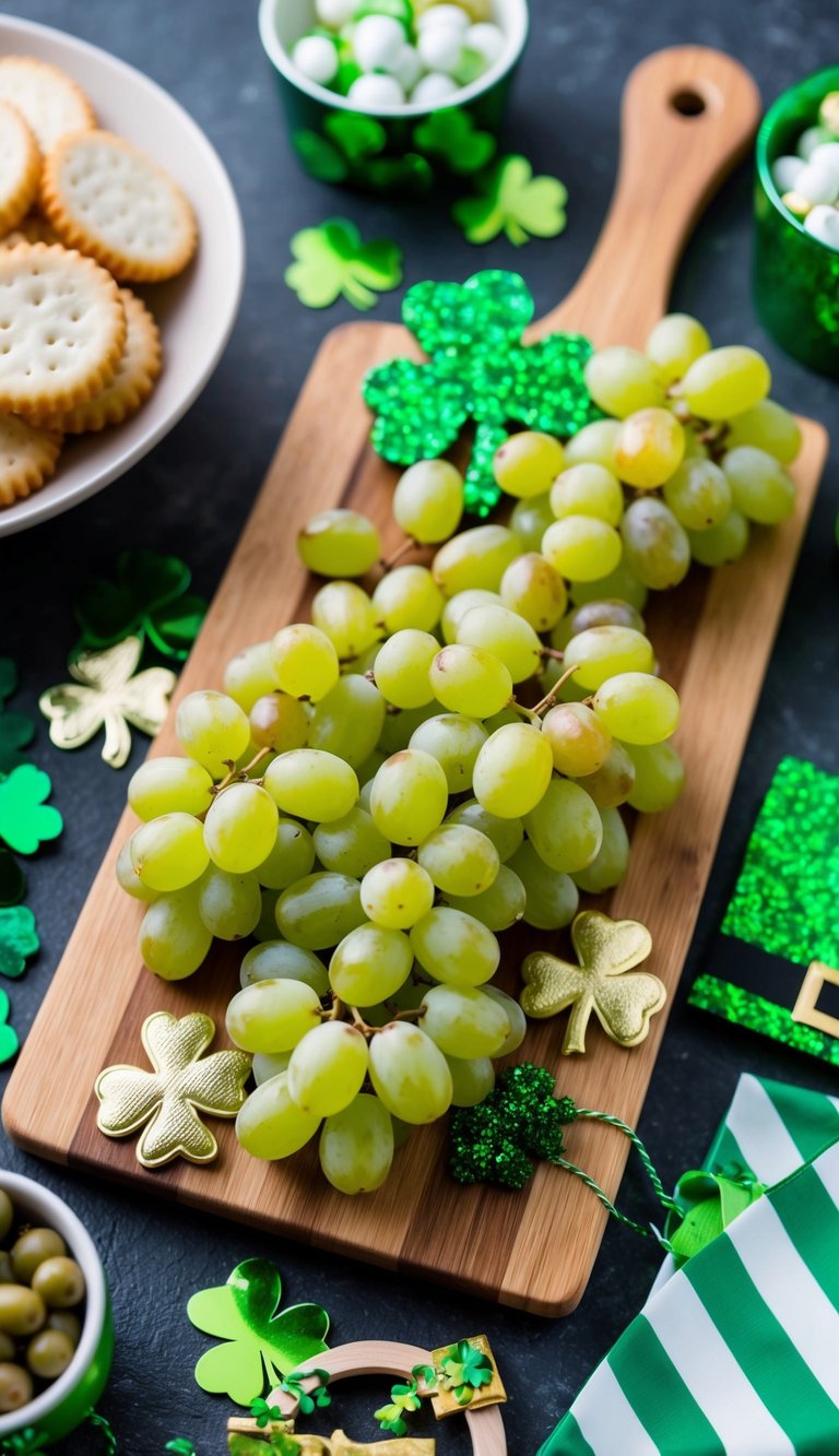 A wooden charcuterie board filled with green grapes, surrounded by other St. Patrick's Day themed snacks and decorations