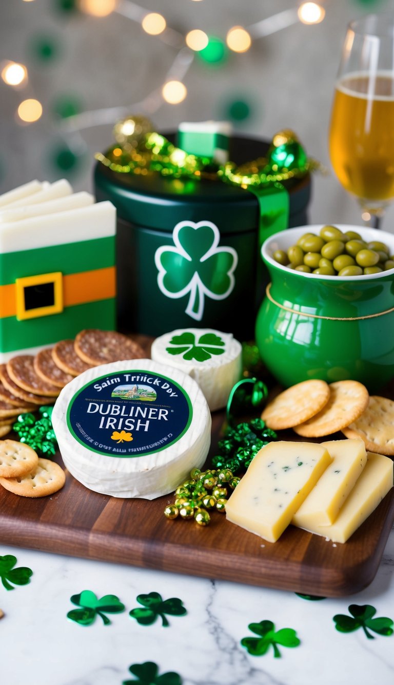 A festive charcuterie board featuring Dubliner Irish cheese and Saint Patrick's Day themed decorations