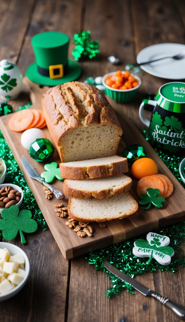 A rustic wooden board adorned with sliced soda bread, surrounded by festive Saint Patrick's Day themed charcuterie items