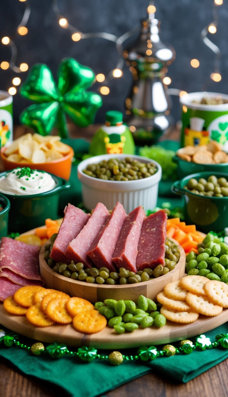 A festive charcuterie board with corned beef spears, surrounded by Irish-themed snacks and decorations