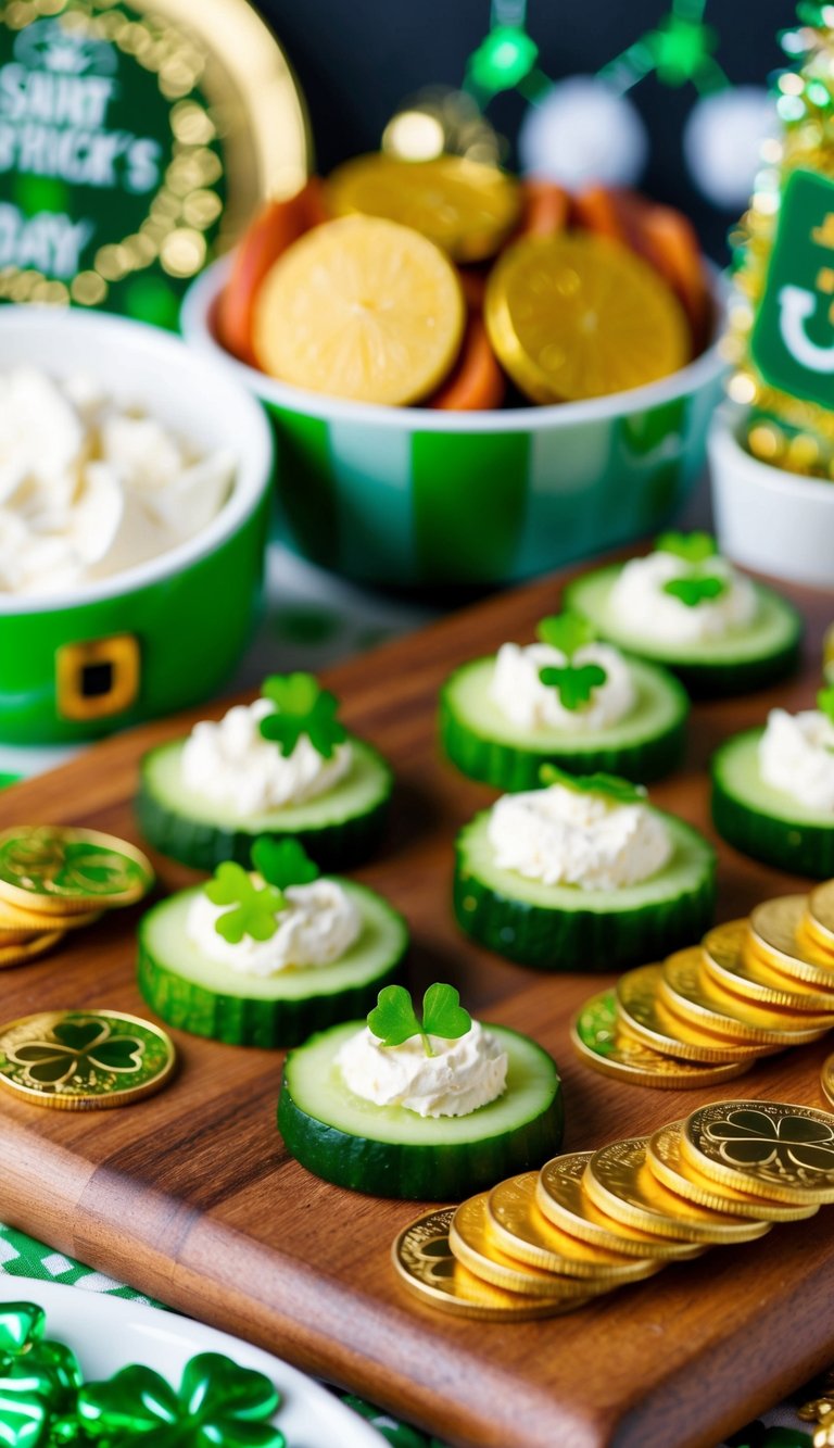 A festive charcuterie board featuring cucumber coins with cream cheese, surrounded by other Saint Patrick's Day themed snacks and decorations