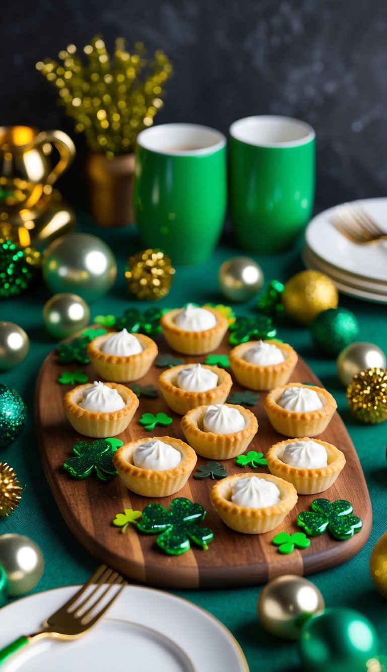 A festive charcuterie board with mini shepherd's pies, surrounded by green and gold St. Patrick's Day decor