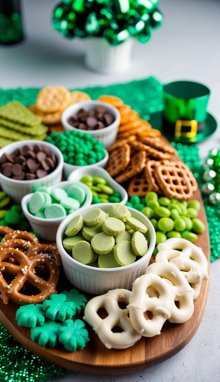 A festive charcuterie board with mint chocolate pretzels, green-themed snacks, and St. Patrick's Day decorations