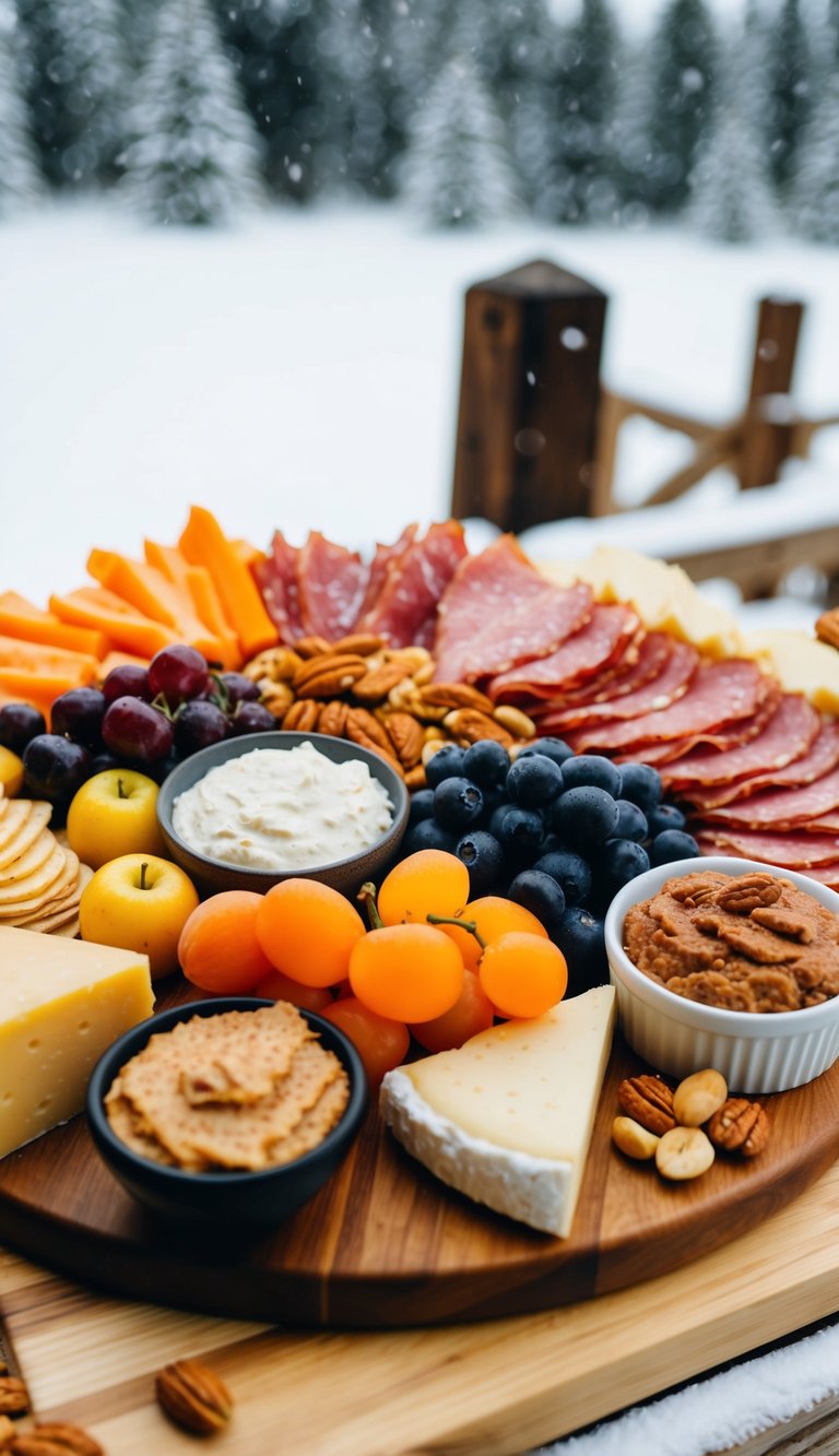 A wooden charcuterie board adorned with an assortment of meats, cheeses, fruits, nuts, and spreads, set against a backdrop of snowy winter scenery
