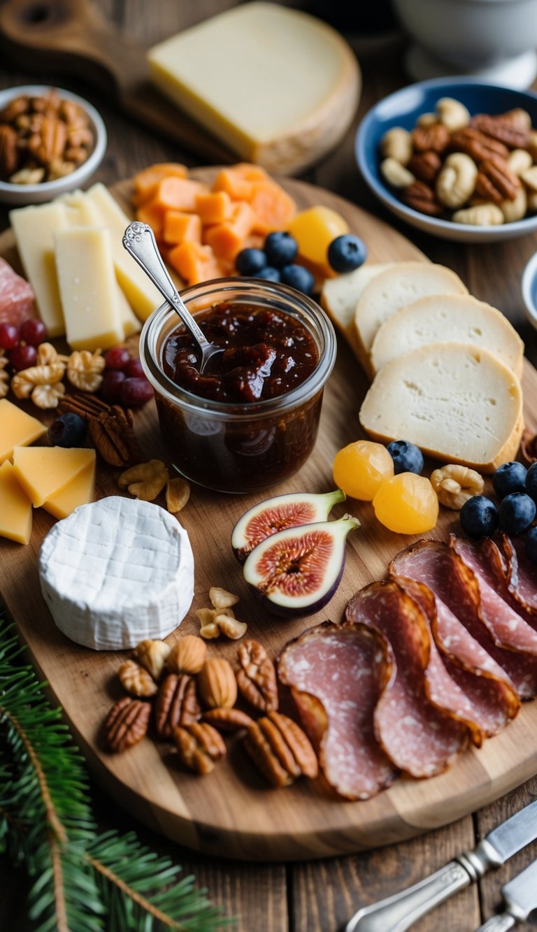 A rustic wooden charcuterie board with fig jam spread, surrounded by various winter-themed meats, cheeses, fruits, and nuts