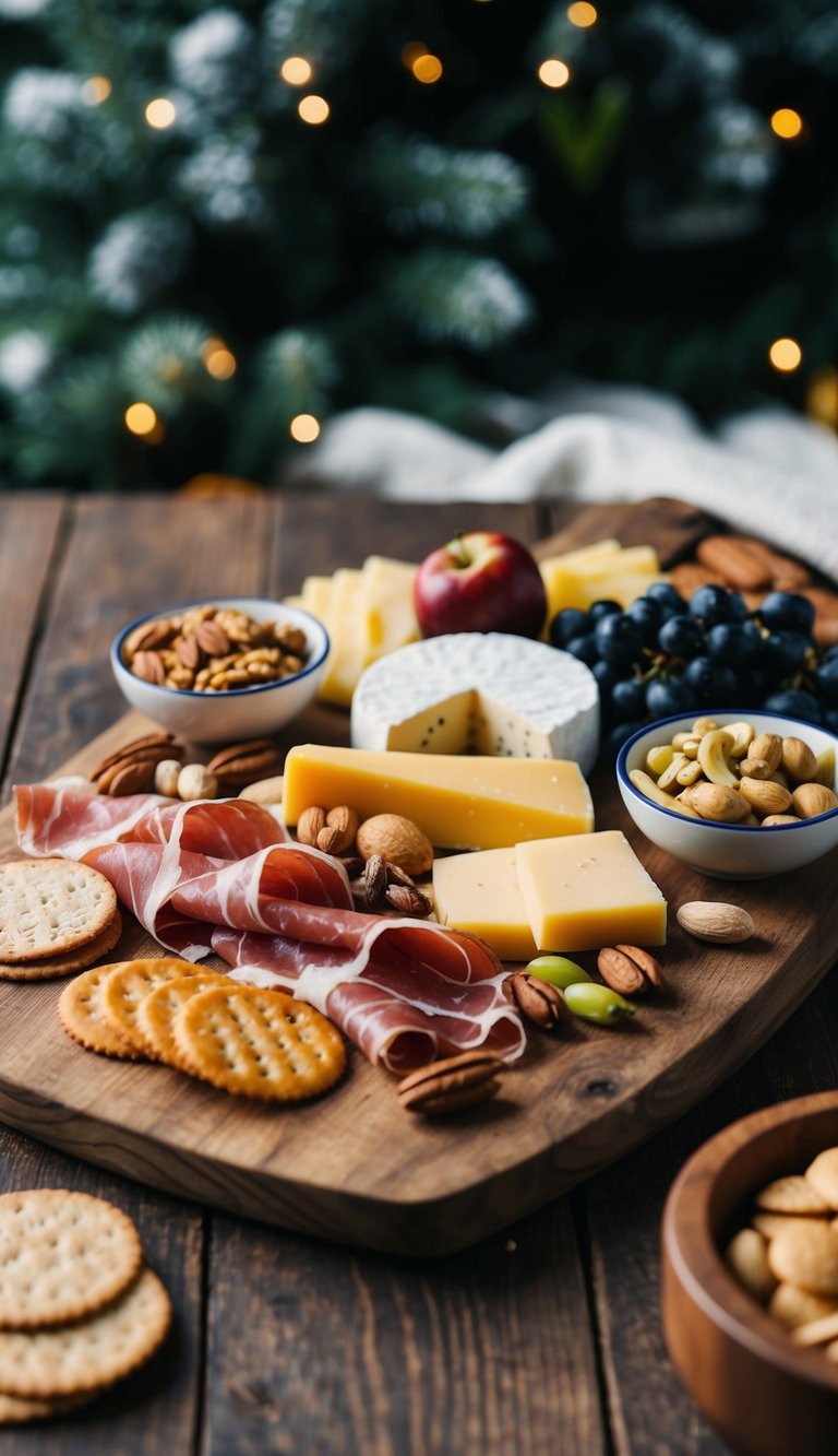 A rustic wooden board adorned with Prosciutto Di Parma, assorted cheeses, nuts, fruits, and crackers, set against a backdrop of winter foliage and cozy ambiance
