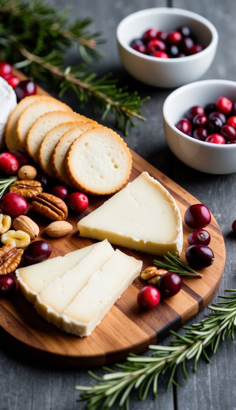 A wooden charcuterie board is adorned with slices of creamy Brie cheese, surrounded by an assortment of winter-themed accoutrements such as cranberries, nuts, and rosemary sprigs