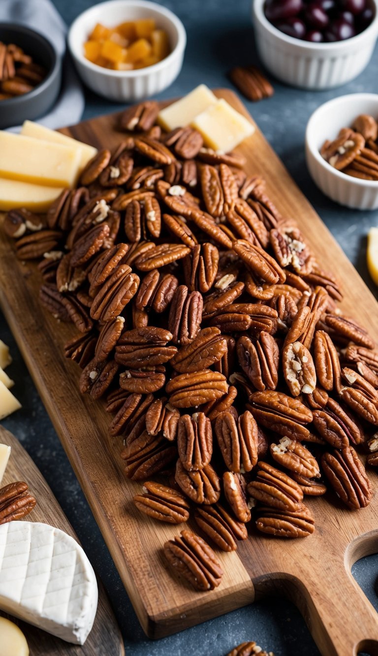A rustic wooden board adorned with candied pecans, surrounded by winter-themed charcuterie items like cheeses, fruits, and meats