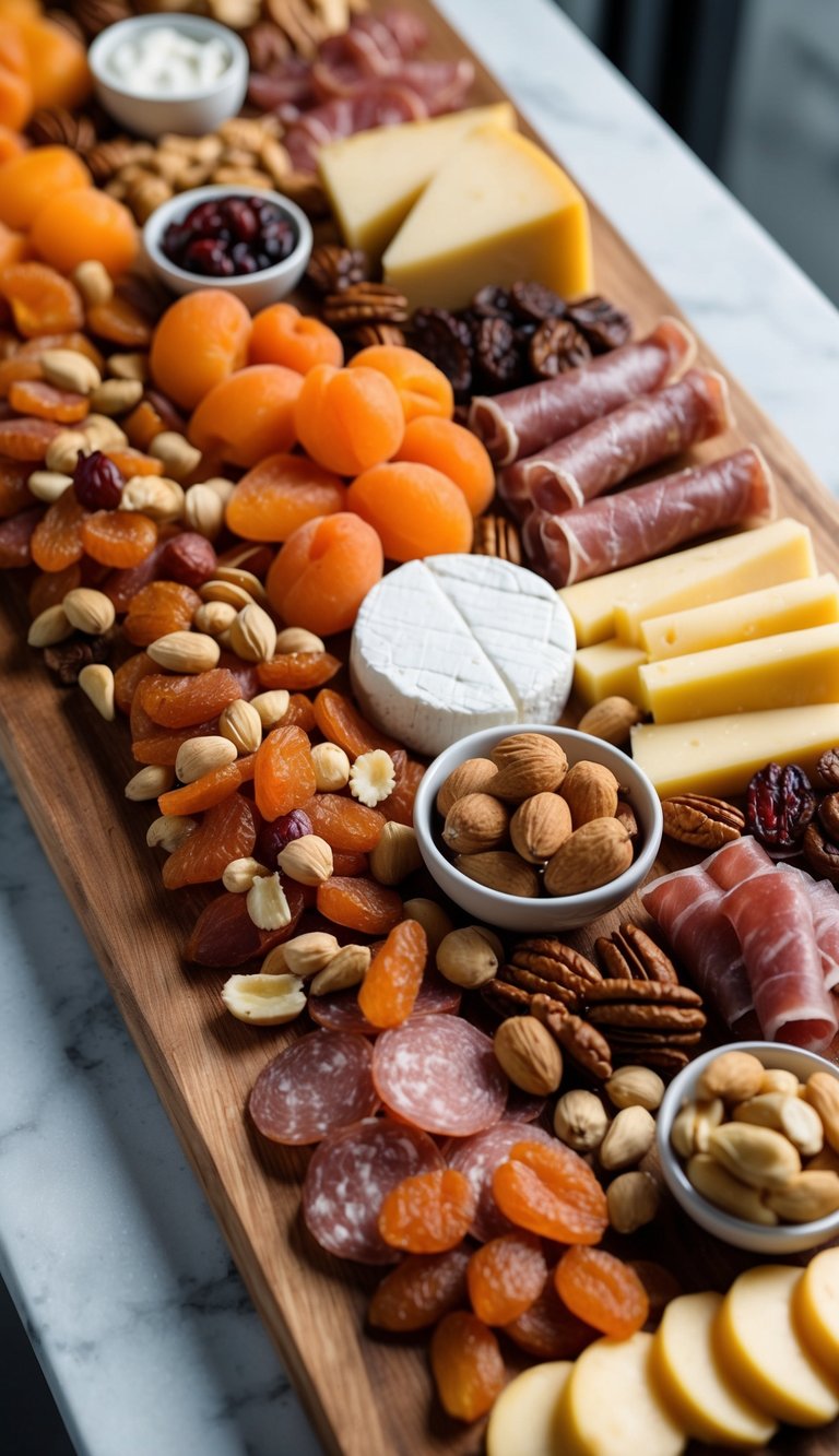 A rustic wooden board adorned with an assortment of dried apricots, nuts, cheeses, and cured meats, arranged in an inviting display for a winter charcuterie board