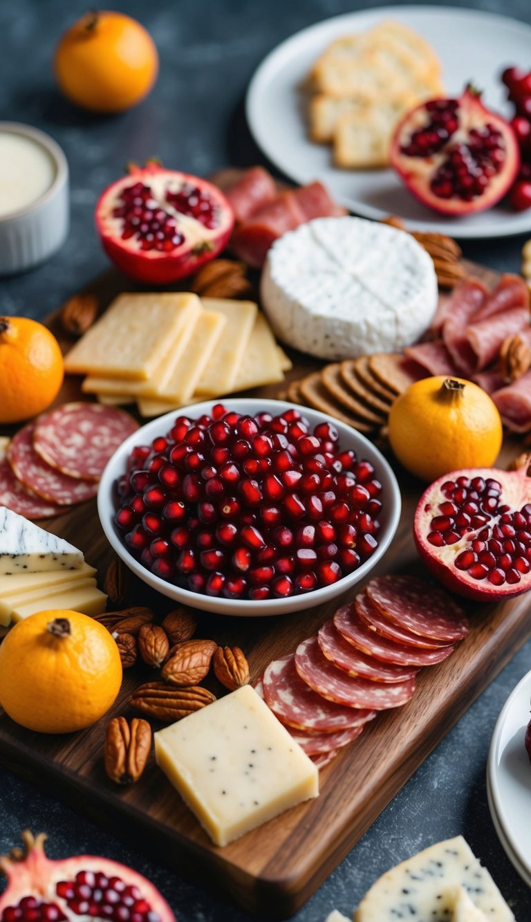 A wooden charcuterie board is adorned with vibrant pomegranate seeds, surrounded by an assortment of winter-themed meats, cheeses, and fruits