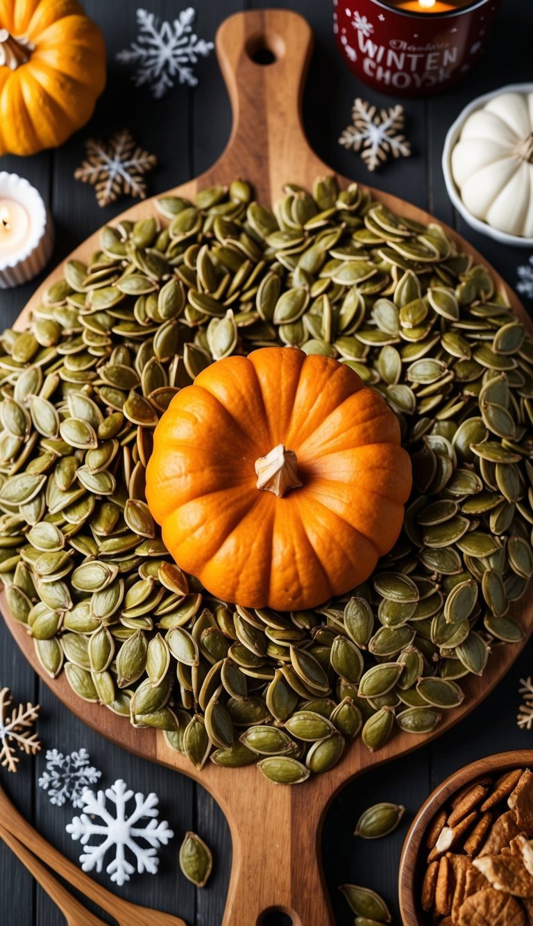 A wooden charcuterie board filled with maple pumpkin seeds, surrounded by winter-themed decorations and other seasonal snacks