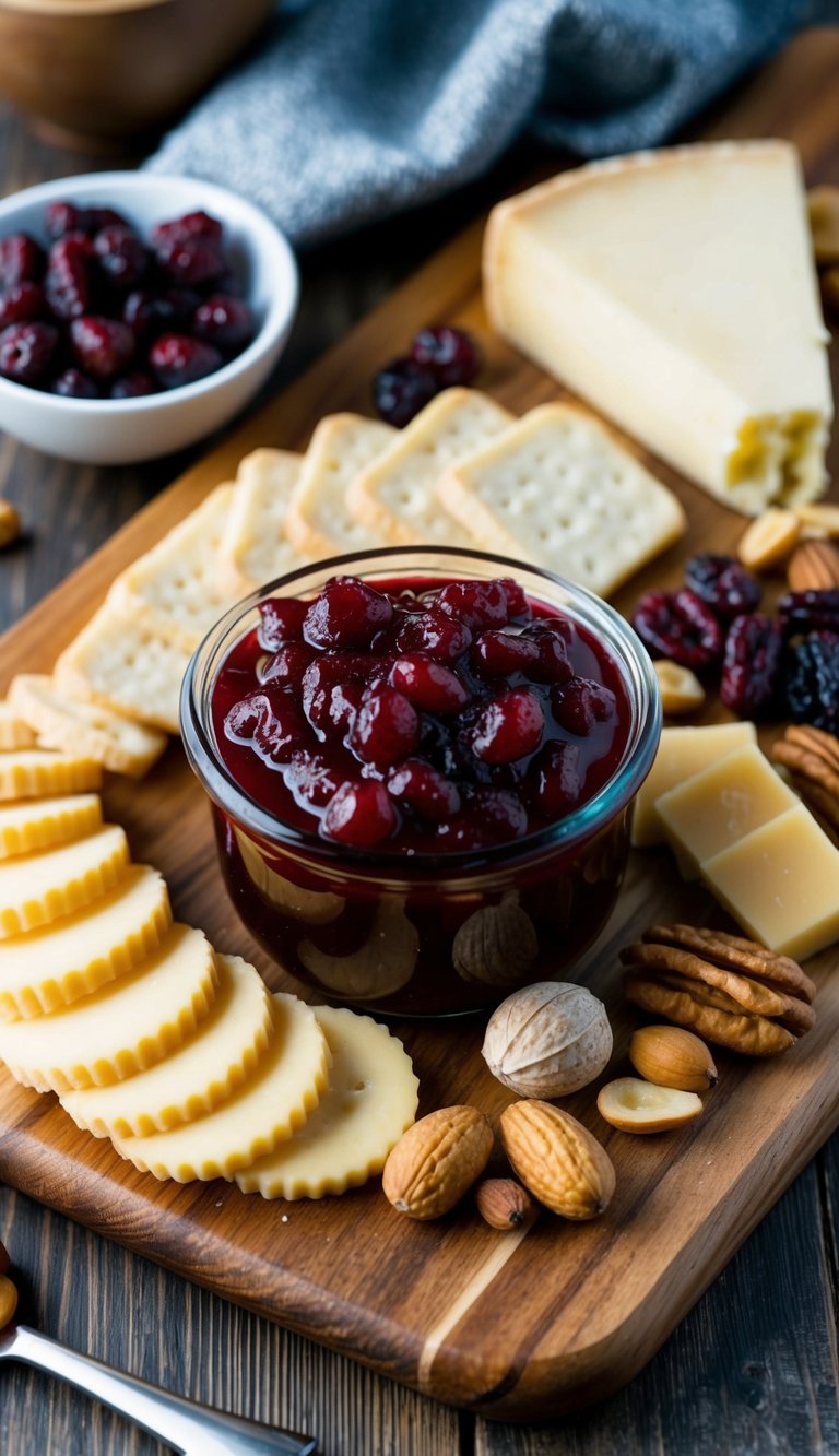 A wooden charcuterie board adorned with cranberry chutney, surrounded by winter-themed ingredients like cheese, nuts, and dried fruits