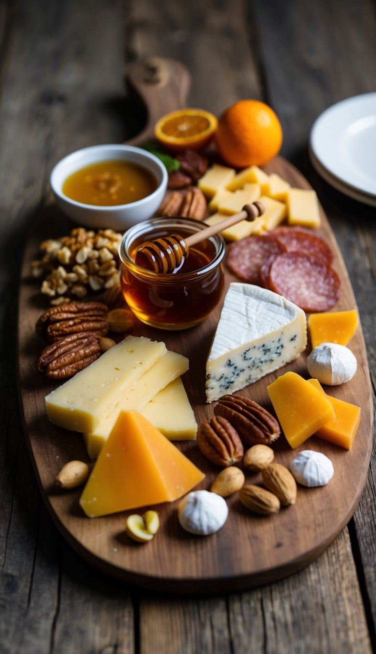 A rustic wooden board adorned with truffle honey, assorted cheeses, cured meats, nuts, and fruits