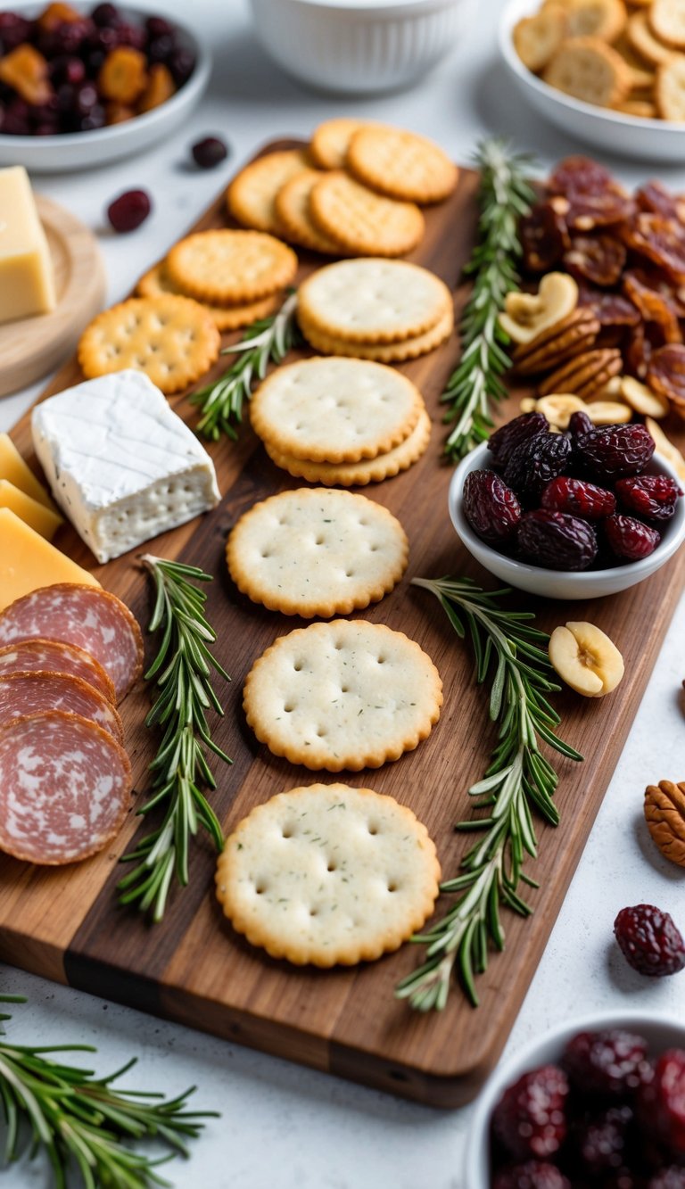 A wooden charcuterie board with a variety of rosemary crackers surrounded by winter-themed ingredients such as cheeses, dried fruits, nuts, and meats