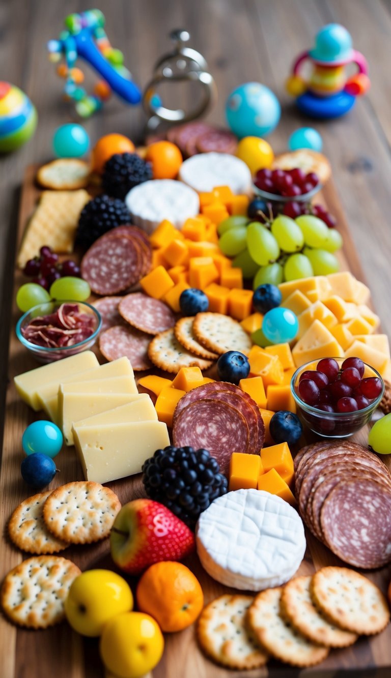 A colorful spread of assorted fruits, cheeses, meats, and crackers arranged on a wooden board, with decorative baby-themed accents like pacifiers and rattles