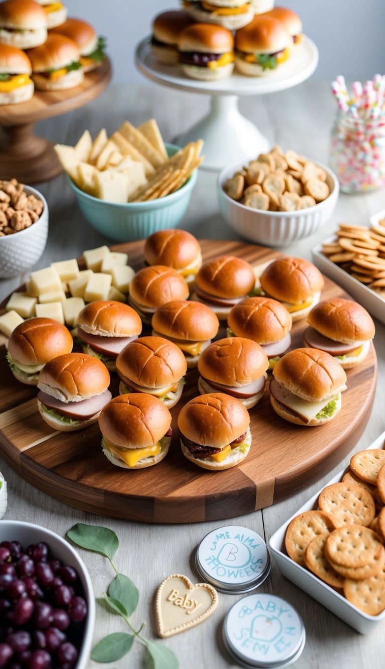 A wooden charcuterie board filled with mini turkey and swiss sliders, surrounded by various other baby shower themed snacks and treats