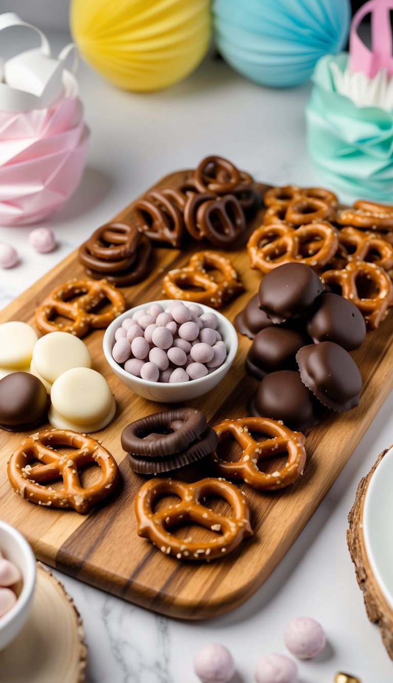 A wooden charcuterie board adorned with a variety of chocolate-covered pretzels, surrounded by baby shower decorations