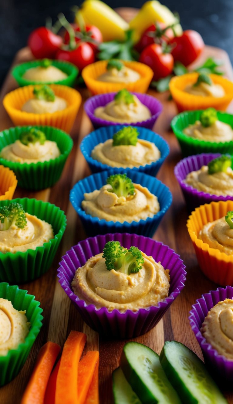 A colorful array of veggie cups filled with hummus dip arranged on a wooden charcuterie board