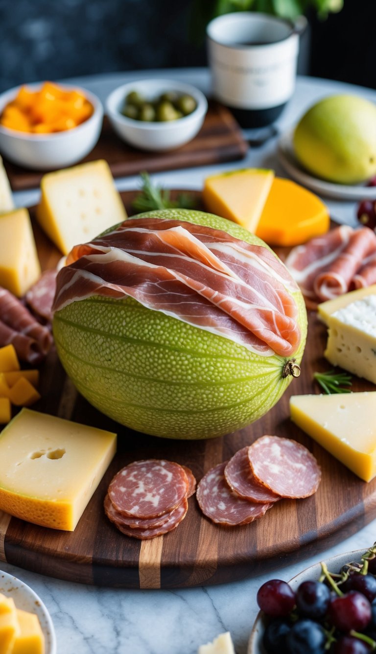 A wooden charcuterie board with prosciutto-wrapped melon, surrounded by various cheeses, meats, and fruits