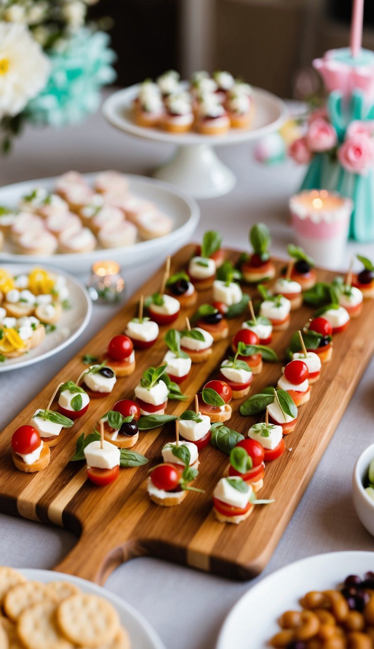 A wooden charcuterie board filled with small Caprese salad bites, surrounded by other appetizers and baby shower decorations