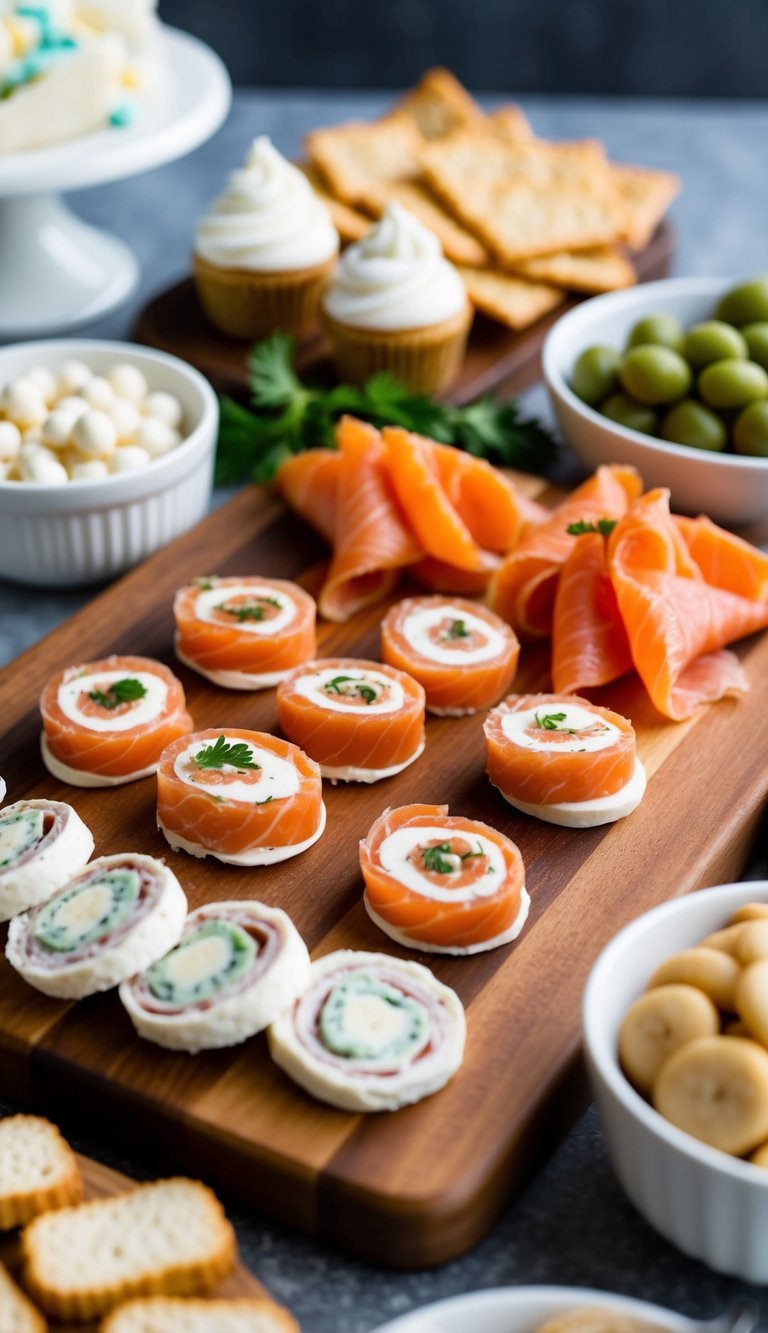 A wooden charcuterie board with smoked salmon and cream cheese pinwheels, surrounded by various other baby shower appetizers and snacks