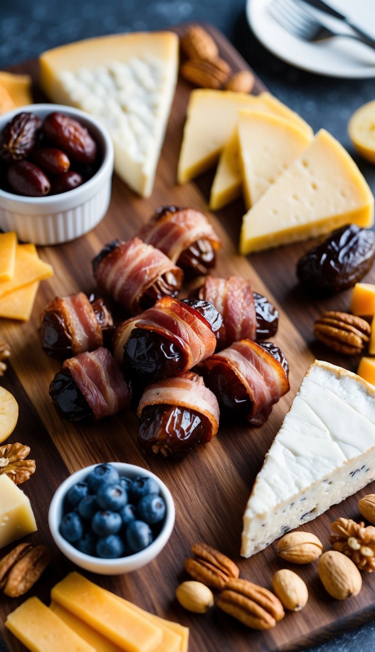 A wooden charcuterie board adorned with bacon-wrapped dates, surrounded by various cheeses, fruits, and nuts