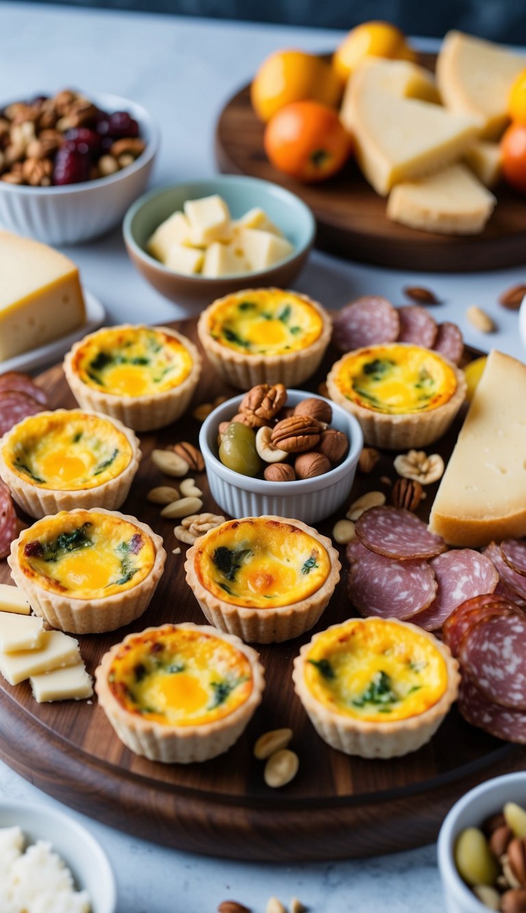 A charcuterie board with an assortment of mini quiches, surrounded by various cheeses, meats, fruits, and nuts