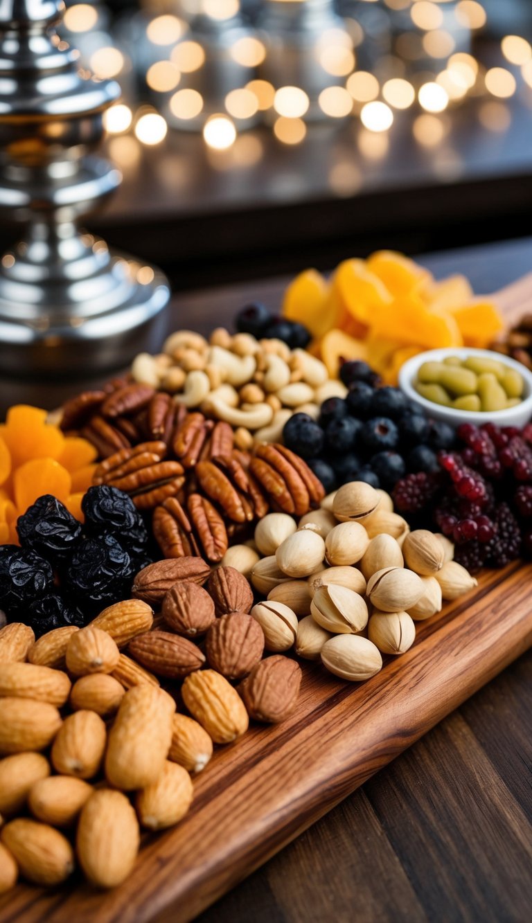 A wooden charcuterie board filled with a variety of nuts and dried fruits, arranged in an aesthetically pleasing and appetizing display