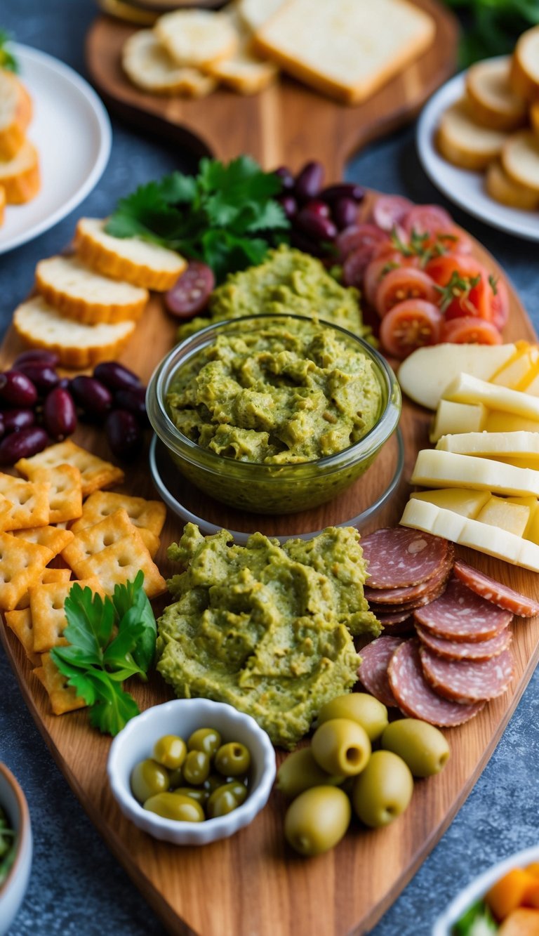 A wooden charcuterie board with a spread of tangy green olive tapenade, surrounded by various summer-themed appetizers and garnishes