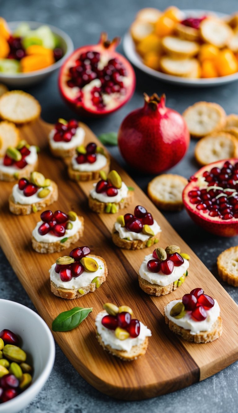 A wooden charcuterie board adorned with pomegranate and pistachio crostini, surrounded by other assorted summer appetizers and fruits
